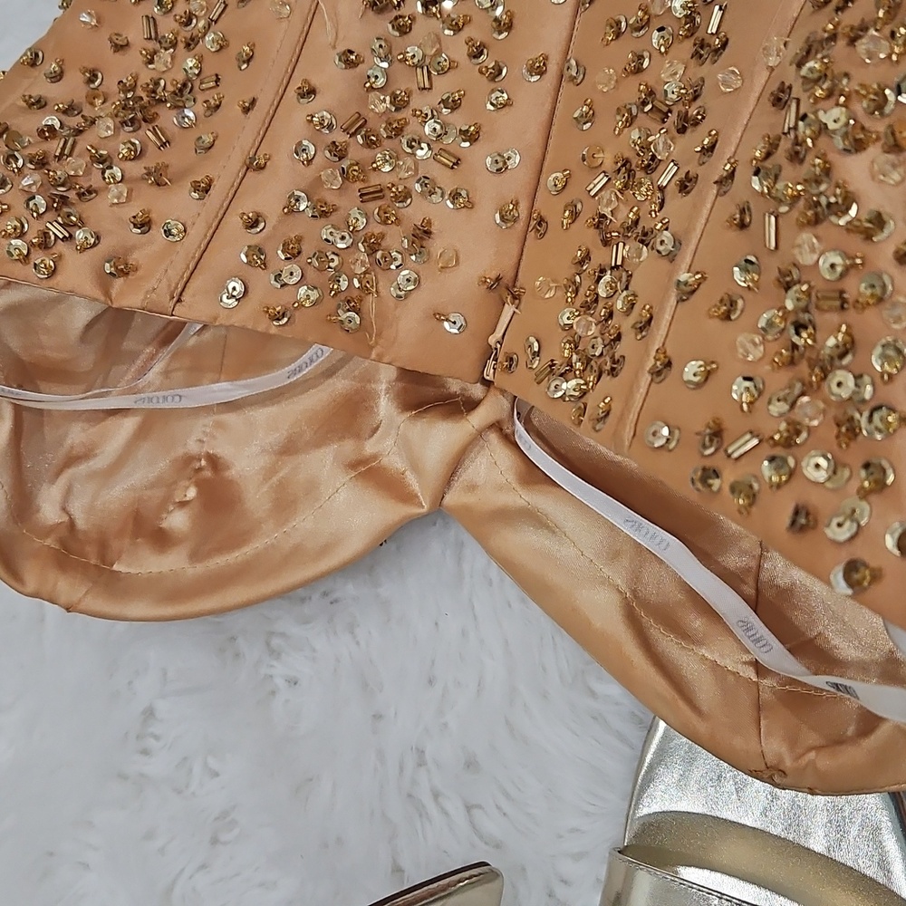 Bundle-Gold Strapless Party Dress with Scarf & Heels - Picture 11 of 14